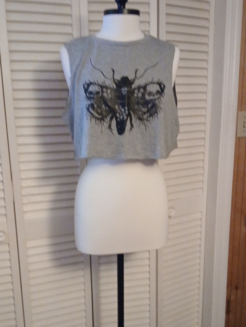 SHEIN Grey Cropped Muscle Tank with Black Moth Graphic